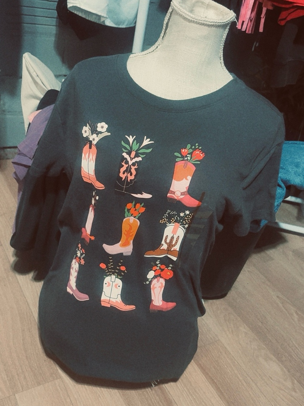 Black Short-Sleeve Tee with Colorful Boot Floral Print
